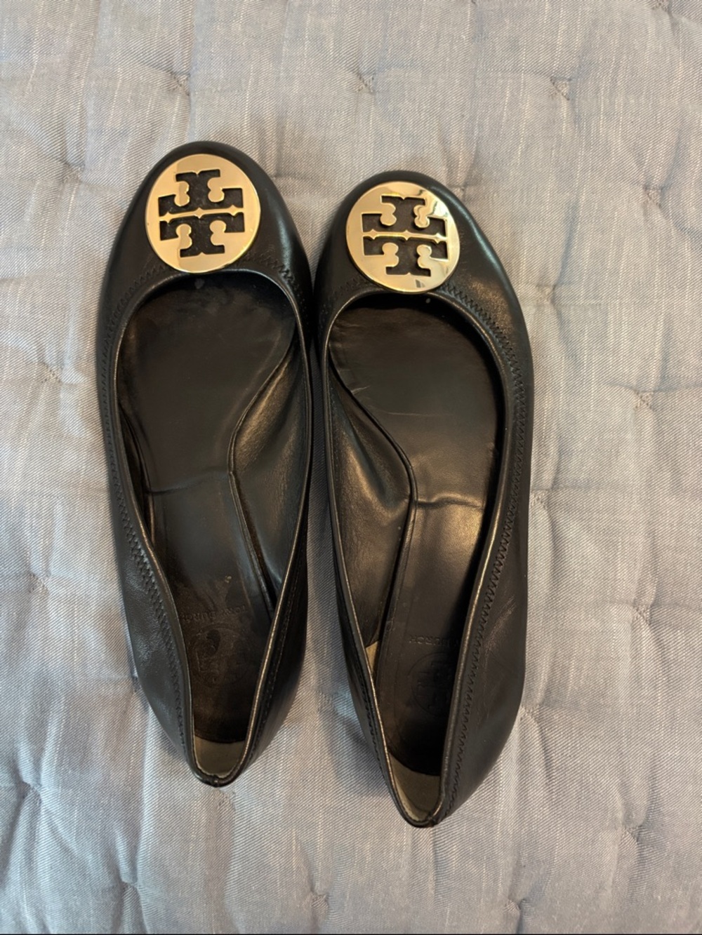 Tory Burch Black Leather Logo Toe Ballet Flats with Gold Emblem